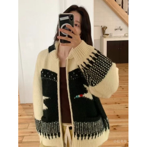 韓國chic秋冬新款復古減齡費爾島提花軟糯長袖針織開衫毛衣外套女