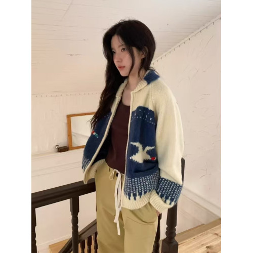 韓國chic秋冬新款復古減齡費爾島提花軟糯長袖針織開衫毛衣外套女