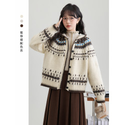 帛卡琪2025秋冬新款連帽費爾島毛衣外套女加厚保暖針織開衫上衣潮