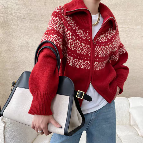 設計感雙拉鍊開衫上衣女秋冬復古費爾島提花兩穿領寬松針織衫毛衣 設計感雙拉鍊開衫上衣女秋冬復古費爾島提花兩穿領寬松針織衫毛衣