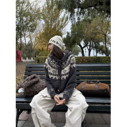 川川也美式重磅費爾島加厚連帽毛衣開衫外套男女秋冬新款針織上衣