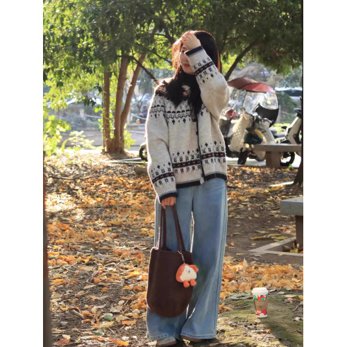 復古提花費爾島毛衣針織開衫外套巴恩風女裝秋冬2025新款聖誕穿搭