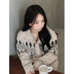 灰色費爾島翻領針織開衫毛衣女秋冬加厚慵懶設計感寬松小個子外套