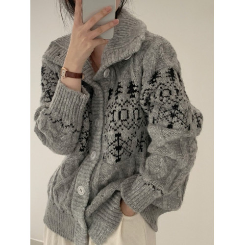 灰色費爾島翻領針織開衫毛衣女秋冬加厚慵懶設計感寬松小個子外套