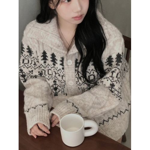 灰色費爾島翻領針織開衫毛衣女秋冬加厚慵懶設計感寬松小個子外套