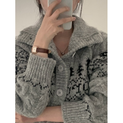 灰色費爾島翻領針織開衫毛衣女秋冬加厚慵懶設計感寬松小個子外套