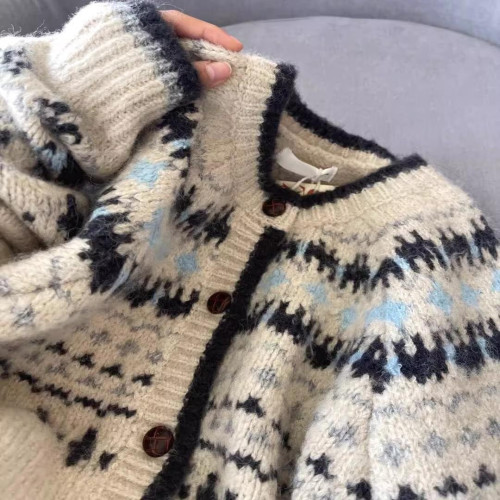 高級感復古提花圓領針織開衫女秋冬加厚單排釦寬松費爾島毛衣外套 高級感復古提花圓領針織開衫女秋冬加厚單排釦寬松費爾島毛衣外套