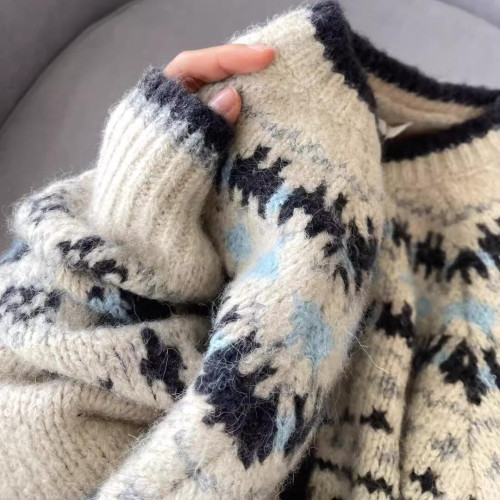 高級感復古提花圓領針織開衫女秋冬加厚單排釦寬松費爾島毛衣外套 高級感復古提花圓領針織開衫女秋冬加厚單排釦寬松費爾島毛衣外套