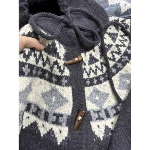 2024春秋新款費爾島古著牛角釦針織開衫毛衣女寬松加厚外套上衣冬