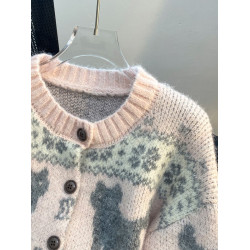 費爾島粉色甜美毛衣開衫女秋冬季2025新款慵懶風減齡針織外套上衣