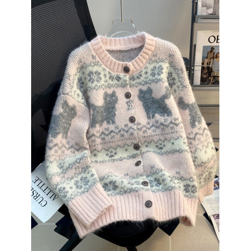 費爾島粉色甜美毛衣開衫女秋冬季2025新款慵懶風減齡針織外套上衣