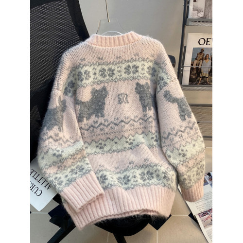 費爾島粉色甜美毛衣開衫女秋冬季2025新款慵懶風減齡針織外套上衣