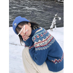 費爾島藍色毛衣外套女秋冬季2025新款慵懶風復古拉鍊針織開衫上衣