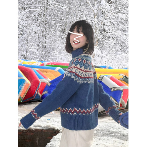 費爾島藍色毛衣外套女秋冬季2025新款慵懶風復古拉鍊針織開衫上衣 費爾島藍色毛衣外套女秋冬季2025新款慵懶風復古拉鍊針織開衫上衣