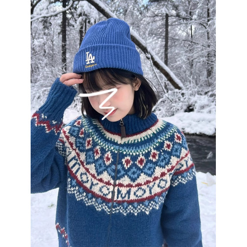 費爾島藍色毛衣外套女秋冬季2025新款慵懶風復古拉鍊針織開衫上衣 費爾島藍色毛衣外套女秋冬季2025新款慵懶風復古拉鍊針織開衫上衣