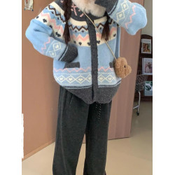 復古北歐風費爾島毛衣開衫女秋冬季加厚慵懶風小個子針織外套上衣