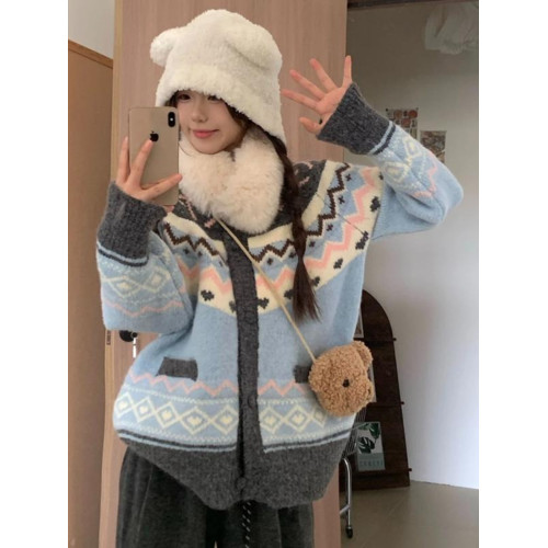 復古北歐風費爾島毛衣開衫女秋冬季加厚慵懶風小個子針織外套上衣