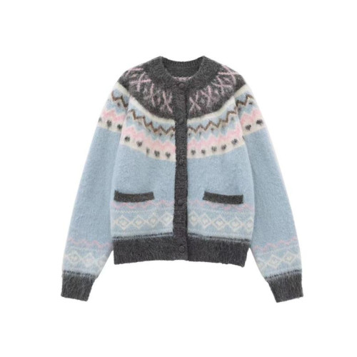 復古北歐風費爾島毛衣開衫女秋冬季加厚慵懶風小個子針織外套上衣