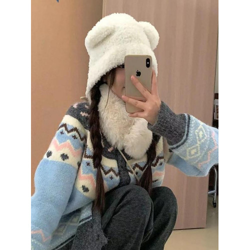 復古北歐風費爾島毛衣開衫女秋冬季加厚慵懶風小個子針織外套上衣