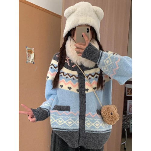 復古北歐風費爾島毛衣開衫女秋冬季加厚慵懶風小個子針織外套上衣