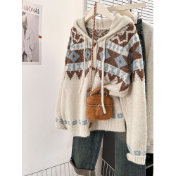 費爾島連帽毛衣外套開衫女秋冬復古外穿加厚寬松慵懶風針織衫上衣