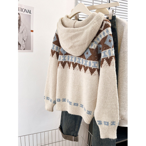 費爾島連帽毛衣外套開衫女秋冬復古外穿加厚寬松慵懶風針織衫上衣