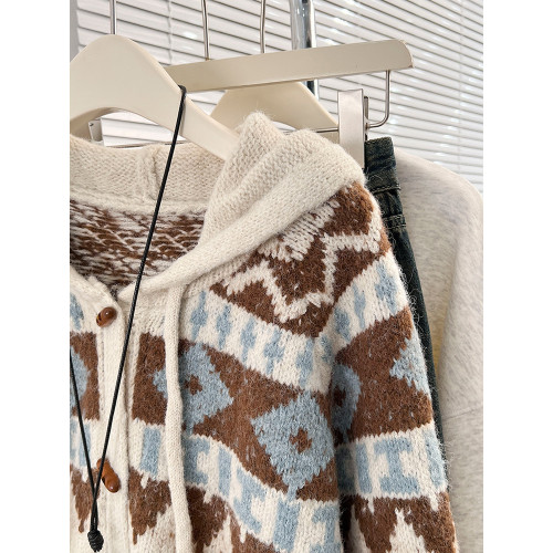 費爾島連帽毛衣外套開衫女秋冬復古外穿加厚寬松慵懶風針織衫上衣