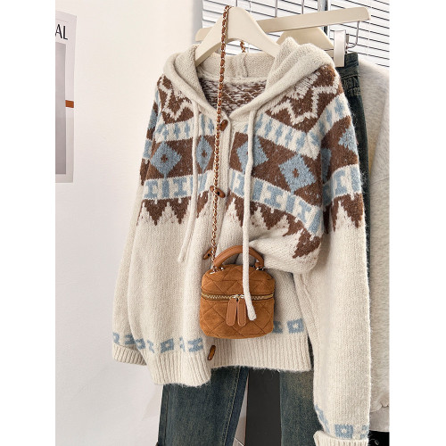 費爾島連帽毛衣外套開衫女秋冬復古外穿加厚寬松慵懶風針織衫上衣