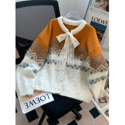 費爾島紅色聖誕新年氛圍感穿搭毛衣外套女蝴蝶結針織開衫過年衣服