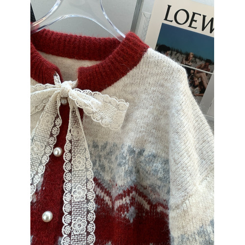 費爾島紅色聖誕新年氛圍感穿搭毛衣外套女蝴蝶結針織開衫過年衣服 費爾島紅色聖誕新年氛圍感穿搭毛衣外套女蝴蝶結針織開衫過年衣服