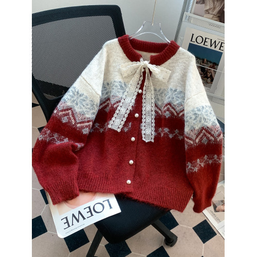 費爾島紅色聖誕新年氛圍感穿搭毛衣外套女蝴蝶結針織開衫過年衣服 費爾島紅色聖誕新年氛圍感穿搭毛衣外套女蝴蝶結針織開衫過年衣服