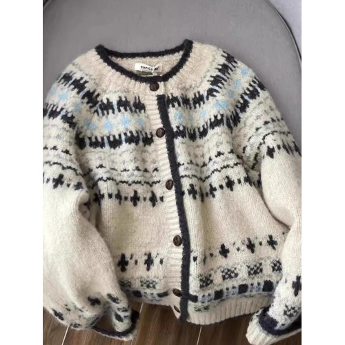 女裝秋冬季2024新款復古費爾島毛衣開衫設計感外穿加厚單排釦外套