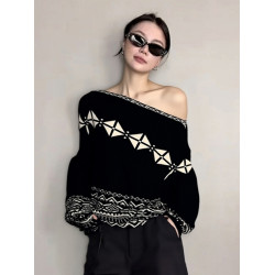 2025早秋韓系穿搭慵懶高級感費爾島針織衫寬松黑色斜肩套頭毛衣女