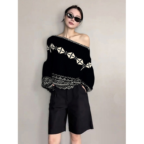 2025早秋韓系穿搭慵懶高級感費爾島針織衫寬松黑色斜肩套頭毛衣女