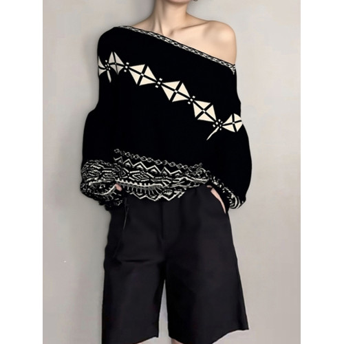 2025早秋韓系穿搭慵懶高級感費爾島針織衫寬松黑色斜肩套頭毛衣女