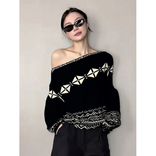 2025早秋韓系穿搭慵懶高級感費爾島針織衫寬松黑色斜肩套頭毛衣女