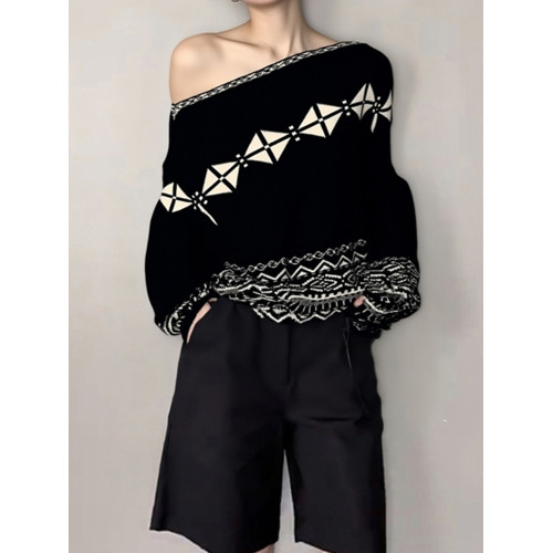 2025早秋韓系穿搭慵懶高級感費爾島針織衫寬松黑色斜肩套頭毛衣女