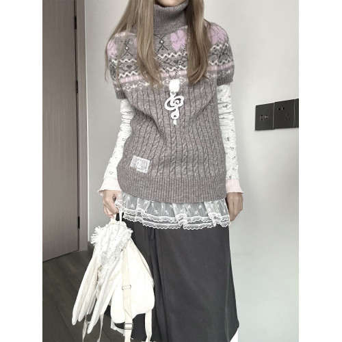 YUNNNIE 半高領費爾島短袖收腰修身女秋冬百搭學院風kyouko針織衫