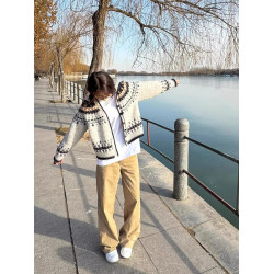 巴恩風復古提花費爾島毛衣外套女秋冬連帽慵懶高級感針織上衣開衫