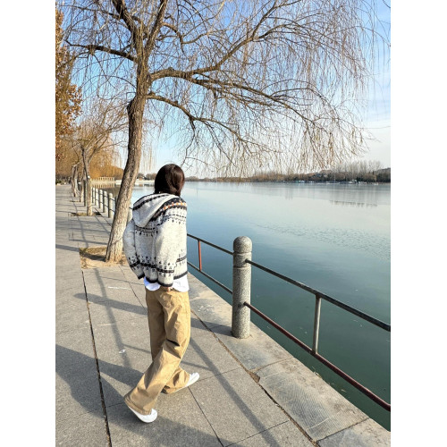 巴恩風復古提花費爾島毛衣外套女秋冬連帽慵懶高級感針織上衣開衫