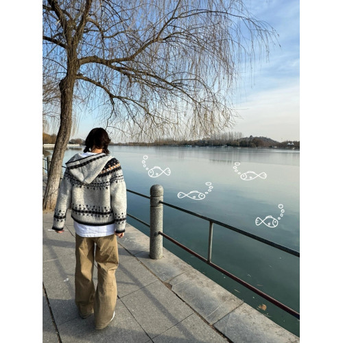 巴恩風復古提花費爾島毛衣外套女秋冬連帽慵懶高級感針織上衣開衫