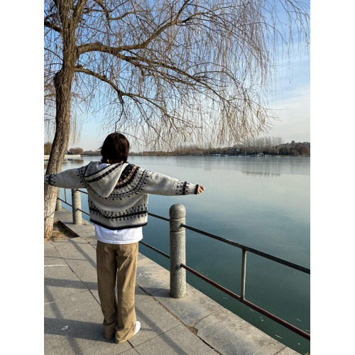 巴恩風復古提花費爾島毛衣外套女秋冬連帽慵懶高級感針織上衣開衫