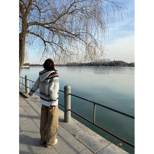 巴恩風復古提花費爾島毛衣外套女秋冬連帽慵懶高級感針織上衣開衫