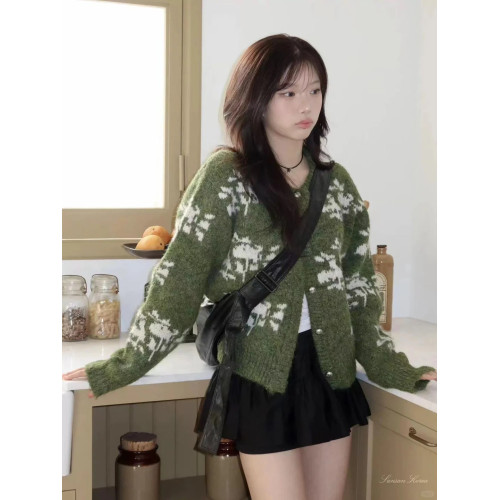 韓系減齡費爾島提花雪花羊毛綠色毛衣外套女秋冬聖誕重工針織開衫 韓系減齡費爾島提花雪花羊毛綠色毛衣外套女秋冬聖誕重工針織開衫