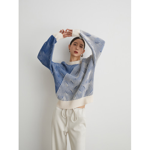藍色條紋慵懶風費爾島毛衣針織衫女圓領獨特高級感2024冬季穿搭新