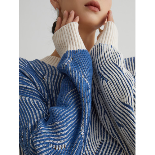 藍色條紋慵懶風費爾島毛衣針織衫女圓領獨特高級感2024冬季穿搭新