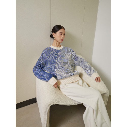 藍色條紋慵懶風費爾島毛衣針織衫女圓領獨特高級感2024冬季穿搭新