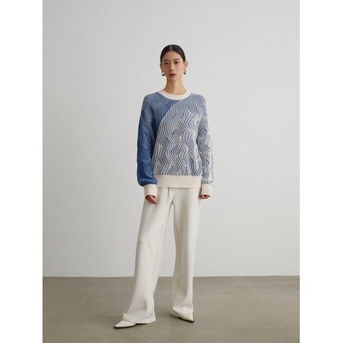 藍色條紋慵懶風費爾島毛衣針織衫女圓領獨特高級感2024冬季穿搭新