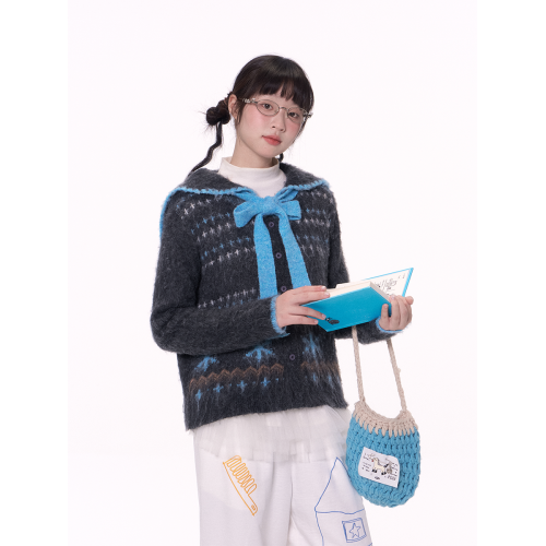 iamnotbad 日系甜美風雪花費爾島馬海毛領帶海軍領長袖毛衣開衫女