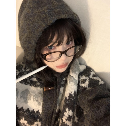 美式復古費爾島連帽毛衣開衫女秋冬慵懶風別致牛角釦寬松針織外套